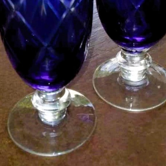 Set of 2 Cut to Clear COBALT BLUE CRYSTAL CHAMPAGNE/Wine FLUTES/Goblets - Picture 6 of 10
